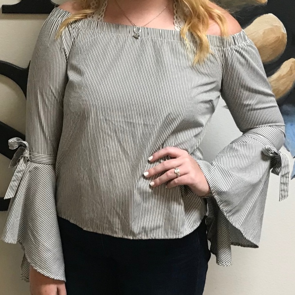 Off the shoulder stripped bell sleeve shirt